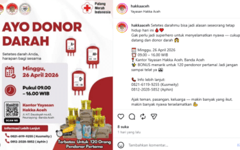 Hakka Aceh bersama PMI Banda Aceh gelar donor darah 26 April 2026.