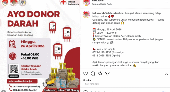Hakka Aceh–PMI Gelar Donor Darah, 120 Pendonor Pertama Dapat Bonus Menarik