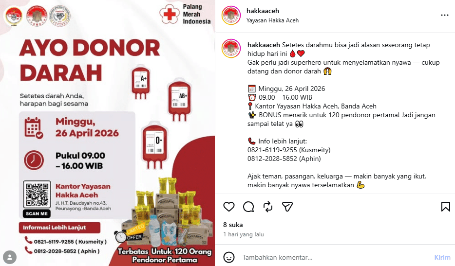 Hakka Aceh bersama PMI Banda Aceh gelar donor darah 26 April 2026.