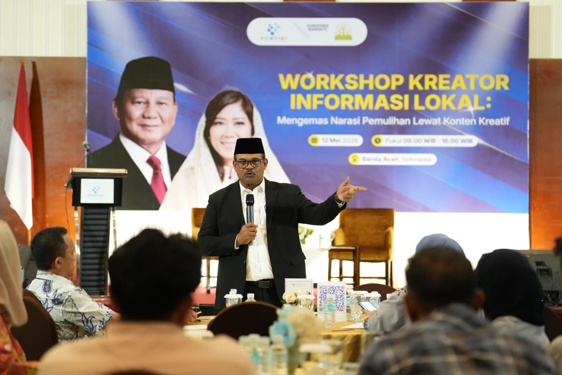 Kepala Posko PRR Safrizal ZA menegaskan pentingnya informasi akurat dalam pemulihan pascabencana Aceh saat Workshop Kreator Informasi Lokal di Banda Aceh.